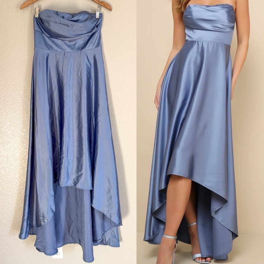 NWOT Outstanding Charm Slate Blue Satin Strapless High-Low Maxi Dress